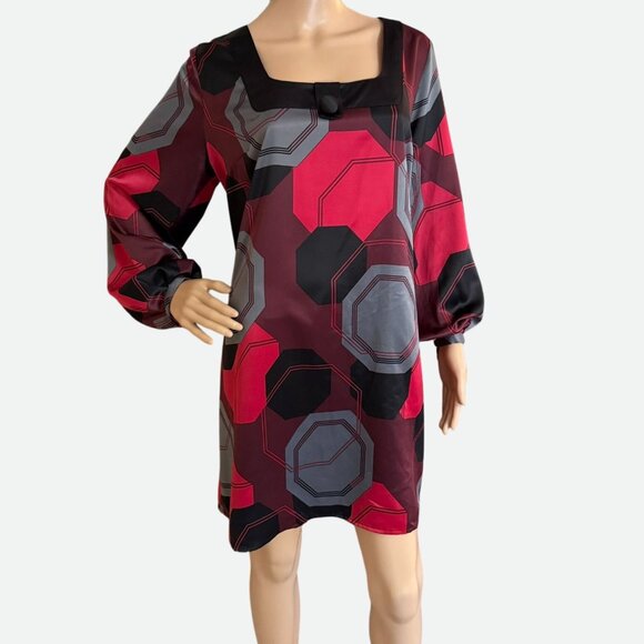 Womens Size XL Satin Dress Geometric Print Poet Sleeves Button Detail Mixit Mod - Picture 1 of 10